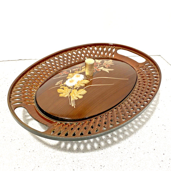 Vintage Asian Faux Wood Lacquer Lattice covered candy dish mid century floral - Picture 1 of 10